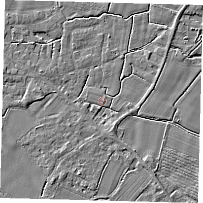Shaded relief map of the ground around PE114PH, computed from Environment Agency LiDAR. The ground here sits at about 3 m above sea level and falls 4 m across the surrounding 800 m. Surface water reaching this point runs off ground lying to the south-south-east, 2.2 m higher.