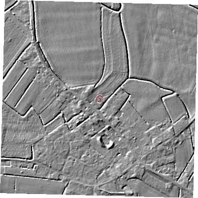 Shaded relief map of the ground around PE114PJ, computed from Environment Agency LiDAR. The ground here sits at about 3 m above sea level and falls 4 m across the surrounding 800 m. Surface water reaching this point runs off ground lying to the west, 1.4 m higher.