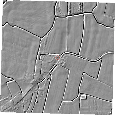 Shaded relief map of the ground around PE114PL, computed from Environment Agency LiDAR. The ground here sits at about 3 m above sea level and falls 4 m across the surrounding 800 m. Surface water reaching this point runs off ground lying to the east, 2.3 m higher.