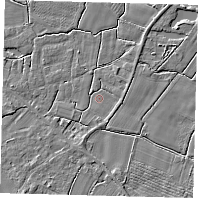 Shaded relief map of the ground around PE114PP, computed from Environment Agency LiDAR. The ground here sits at about 3 m above sea level and falls 4 m across the surrounding 800 m. Surface water reaching this point runs off ground lying to the south-south-east, 2.0 m higher.