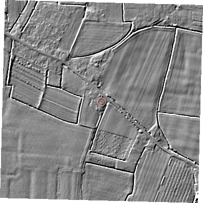Shaded relief map of the ground around PE114PS, computed from Environment Agency LiDAR. The ground here sits at about 4 m above sea level and falls 5 m across the surrounding 800 m. Surface water reaching this point runs off ground lying to the north-north-west, 1.2 m higher.