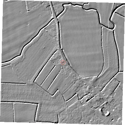 Shaded relief map of the ground around PE114PT, computed from Environment Agency LiDAR. The ground here sits at about 4 m above sea level and falls 4 m across the surrounding 800 m. Surface water reaching this point runs off ground lying to the east-north-east, 0.6 m higher.