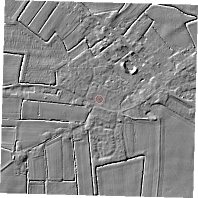 Shaded relief map of the ground around PE114PU, computed from Environment Agency LiDAR. The ground here sits at about 3 m above sea level and falls 4 m across the surrounding 800 m. Surface water reaching this point runs off ground lying to the east, 1.1 m higher.