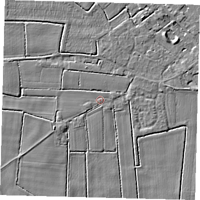 Shaded relief map of the ground around PE114PX, computed from Environment Agency LiDAR. The ground here sits at about 3 m above sea level and falls 4 m across the surrounding 800 m. The ground contributing surface water to this point lies to the south-west.
