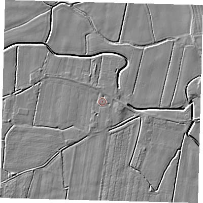 Shaded relief map of the ground around PE114PZ, computed from Environment Agency LiDAR. The ground here sits at about 3 m above sea level and falls 4 m across the surrounding 800 m. Surface water reaching this point runs off ground lying to the east-north-east, 1.4 m higher.