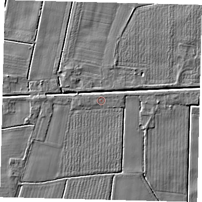 Shaded relief map of the ground around PE114QD, computed from Environment Agency LiDAR. The ground here sits at about 3 m above sea level and falls 4 m across the surrounding 800 m. The ground contributing surface water to this point lies to the north-east.