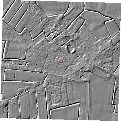 Shaded relief map of the ground around PE114QH, computed from Environment Agency LiDAR. The ground here sits at about 4 m above sea level and falls 4 m across the surrounding 800 m. The ground contributing surface water to this point lies to the west.