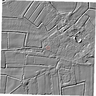Shaded relief map of the ground around PE114QL, computed from Environment Agency LiDAR. The ground here sits at about 4 m above sea level and falls 4 m across the surrounding 800 m. The ground contributing surface water to this point lies to the south-south-east.