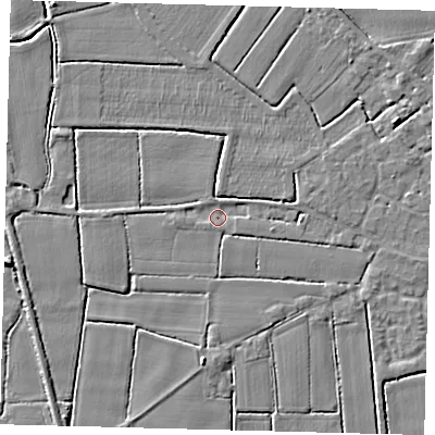 Shaded relief map of the ground around PE114QN, computed from Environment Agency LiDAR. The ground here sits at about 3 m above sea level and falls 5 m across the surrounding 800 m. Surface water reaching this point runs off ground lying to the east, 1.8 m higher.