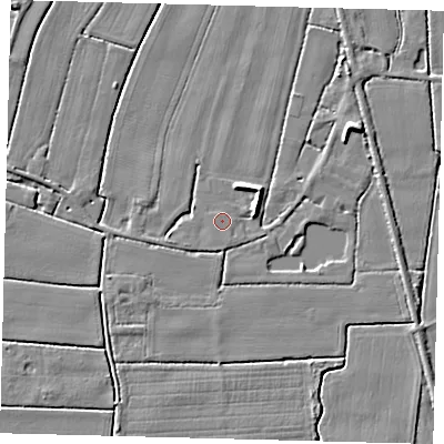 Shaded relief map of the ground around PE114QP, computed from Environment Agency LiDAR. The ground here sits at about 3 m above sea level and falls 5 m across the surrounding 800 m. The ground contributing surface water to this point lies to the south-south-east.