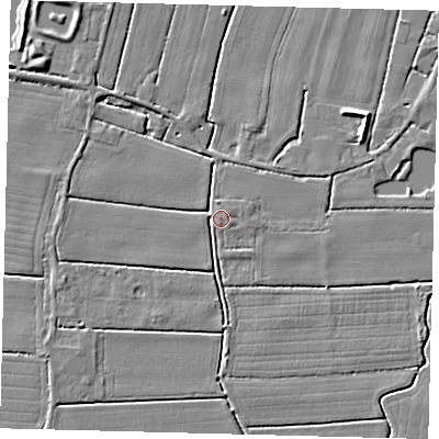 Shaded relief map of the ground around PE114QR, computed from Environment Agency LiDAR. The ground here sits at about 3 m above sea level and falls 5 m across the surrounding 800 m. Surface water reaching this point runs off ground lying to the north, 2.1 m higher.