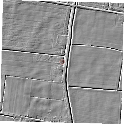 Shaded relief map of the ground around PE114RA, computed from Environment Agency LiDAR. The ground here sits at about 2 m above sea level and falls 4 m across the surrounding 800 m. Surface water reaching this point runs off ground lying to the east-south-east, 2.0 m higher.