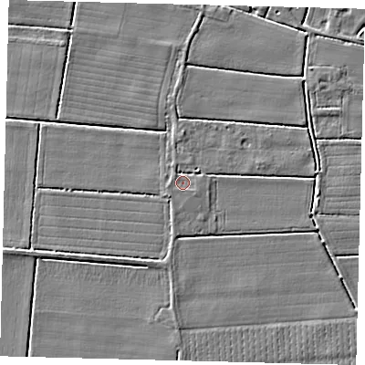 Shaded relief map of the ground around PE114RD, computed from Environment Agency LiDAR. The ground here sits at about 3 m above sea level and falls 3 m across the surrounding 800 m. Surface water reaching this point runs off ground lying to the south-west, 1.9 m higher.