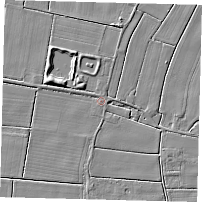 Shaded relief map of the ground around PE114RE, computed from Environment Agency LiDAR. The ground here sits at about 3 m above sea level and falls 6 m across the surrounding 800 m. Surface water reaching this point runs off ground lying to the north-north-east, 1.1 m higher.