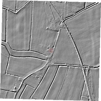 Shaded relief map of the ground around PE114RF, computed from Environment Agency LiDAR. The ground here sits at about 3 m above sea level and falls 4 m across the surrounding 800 m. Surface water reaching this point runs off ground lying to the east-south-east, 2.2 m higher.