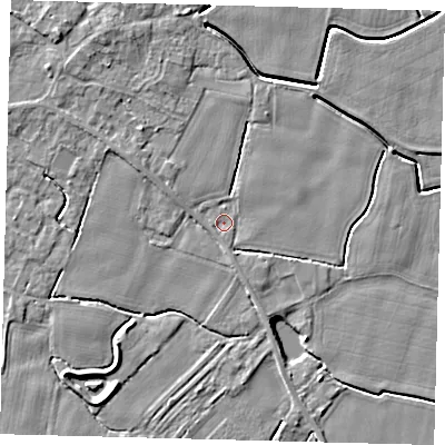Shaded relief map of the ground around PE114SH, computed from Environment Agency LiDAR. The ground here sits at about 3 m above sea level and falls 4 m across the surrounding 800 m. Surface water reaching this point runs off ground lying to the south-south-east, 1.7 m higher.
