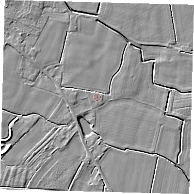 Shaded relief map of the ground around PE114SN, computed from Environment Agency LiDAR. The ground here sits at about 3 m above sea level and falls 4 m across the surrounding 800 m. Surface water reaching this point runs off ground lying to the east-south-east, 1.1 m higher.