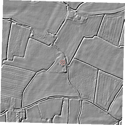 Shaded relief map of the ground around PE114SR, computed from Environment Agency LiDAR. The ground here sits at about 3 m above sea level and falls 3 m across the surrounding 800 m. The ground contributing surface water to this point lies to the south-south-east.