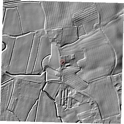 Shaded relief map of the ground around PE114SS, computed from Environment Agency LiDAR. The ground here sits at about 5 m above sea level and falls 6 m across the surrounding 800 m. Surface water reaching this point runs off ground lying to the south-east, 3.3 m higher.