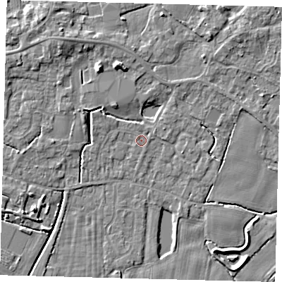 Shaded relief map of the ground around PE114TL, computed from Environment Agency LiDAR. The ground here sits at about 3 m above sea level and falls 6 m across the surrounding 800 m. Surface water reaching this point runs off ground lying to the north, 2.4 m higher.