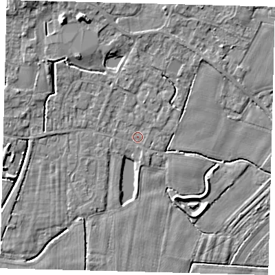 Shaded relief map of the ground around PE114TP, computed from Environment Agency LiDAR. The ground here sits at about 3 m above sea level and falls 6 m across the surrounding 800 m. Surface water reaching this point runs off ground lying to the north, 2.2 m higher.