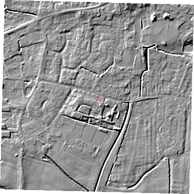 Shaded relief map of the ground around PE114TR, computed from Environment Agency LiDAR. The ground here sits at about 3 m above sea level and falls 6 m across the surrounding 800 m. Surface water reaching this point runs off ground lying to the south-south-east, 0.9 m higher.