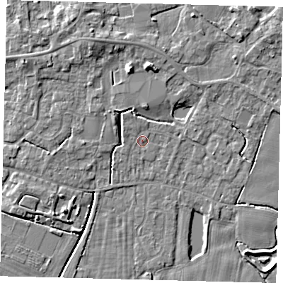 Shaded relief map of the ground around PE114TS, computed from Environment Agency LiDAR. The ground here sits at about 3 m above sea level and falls 6 m across the surrounding 800 m. Surface water reaching this point runs off ground lying to the north-west, 0.8 m higher.