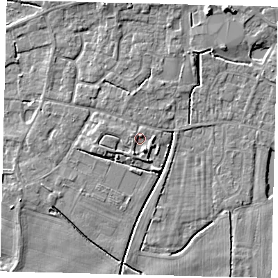 Shaded relief map of the ground around PE114UH, computed from Environment Agency LiDAR. The ground here sits at about 3 m above sea level and falls 6 m across the surrounding 800 m. Surface water reaching this point runs off ground lying to the south-south-east, 2.5 m higher.