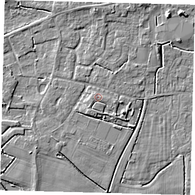 Shaded relief map of the ground around PE114UL, computed from Environment Agency LiDAR. The ground here sits at about 4 m above sea level and falls 6 m across the surrounding 800 m. Surface water reaching this point runs off ground lying to the south-south-west, 1.1 m higher.