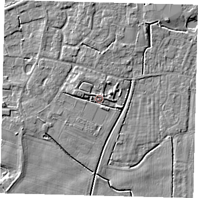 Shaded relief map of the ground around PE114UN, computed from Environment Agency LiDAR. The ground here sits at about 4 m above sea level and falls 5 m across the surrounding 800 m. Surface water reaching this point runs off ground lying to the west-north-west, 2.3 m higher.