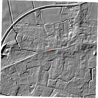 Shaded relief map of the ground around PE114UQ, computed from Environment Agency LiDAR. The ground here sits at about 4 m above sea level and falls 6 m across the surrounding 800 m. Surface water reaching this point runs off ground lying to the east, 1.1 m higher.