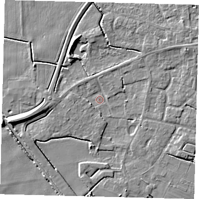 Shaded relief map of the ground around PE114UR, computed from Environment Agency LiDAR. The ground here sits at about 3 m above sea level and falls 8 m across the surrounding 800 m. Surface water reaching this point runs off ground lying to the south-west, 1.3 m higher.