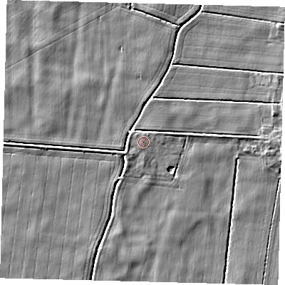 Shaded relief map of the ground around PE114XD, computed from Environment Agency LiDAR. The ground here sits at about 3 m above sea level and falls 3 m across the surrounding 800 m. The ground contributing surface water to this point lies to the west-north-west.