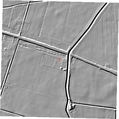 Shaded relief map of the ground around PE114XE, computed from Environment Agency LiDAR. The ground here sits at about 2 m above sea level and falls 7 m across the surrounding 800 m. Surface water reaching this point runs off ground lying to the south-south-east, 0.7 m higher.