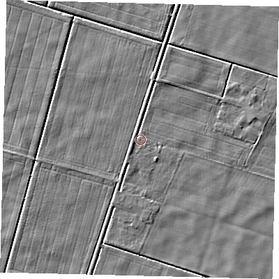 Shaded relief map of the ground around PE114XF, computed from Environment Agency LiDAR. The ground here sits at about 2 m above sea level and falls 3 m across the surrounding 800 m. Surface water reaching this point runs off ground lying to the south-south-west, 1.5 m higher.