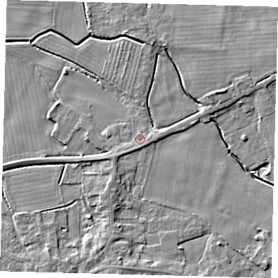 Shaded relief map of the ground around PE114XP, computed from Environment Agency LiDAR. The ground here sits at about 4 m above sea level and falls 5 m across the surrounding 800 m. Surface water reaching this point runs off ground lying to the south-west, 1.0 m higher.