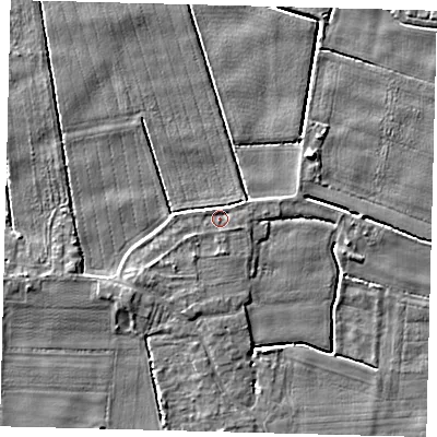 Shaded relief map of the ground around PE114XT, computed from Environment Agency LiDAR. The ground here sits at about 3 m above sea level and falls 5 m across the surrounding 800 m. Surface water reaching this point runs off ground lying to the south, 0.7 m higher.