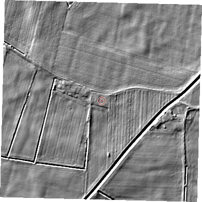 Shaded relief map of the ground around PE114XY, computed from Environment Agency LiDAR. The ground here sits at about 3 m above sea level and falls 5 m across the surrounding 800 m. The ground contributing surface water to this point lies to the east-north-east.