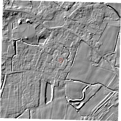 Shaded relief map of the ground around PE114YB, computed from Environment Agency LiDAR. The ground here sits at about 3 m above sea level and falls 6 m across the surrounding 800 m. Surface water reaching this point runs off ground lying to the north-north-west, 2.2 m higher.