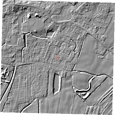 Shaded relief map of the ground around PE114YD, computed from Environment Agency LiDAR. The ground here sits at about 3 m above sea level and falls 6 m across the surrounding 800 m. Surface water reaching this point runs off ground lying to the north, 2.2 m higher.