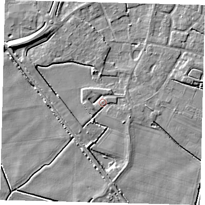 Shaded relief map of the ground around PE114YJ, computed from Environment Agency LiDAR. The ground here sits at about 3 m above sea level and falls 9 m across the surrounding 800 m. Surface water reaching this point runs off ground lying to the south-south-west, 3.8 m higher.