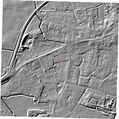 Shaded relief map of the ground around PE114YL, computed from Environment Agency LiDAR. The ground here sits at about 3 m above sea level and falls 6 m across the surrounding 800 m. Surface water reaching this point runs off ground lying to the west-south-west, 4.8 m higher.