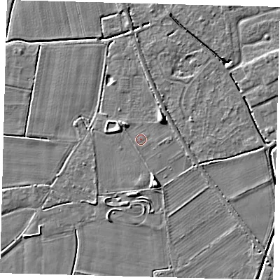 Shaded relief map of the ground around PE115AB, computed from Environment Agency LiDAR. The ground here sits at about 4 m above sea level and falls 6 m across the surrounding 800 m. The ground contributing surface water to this point lies to the south-west.