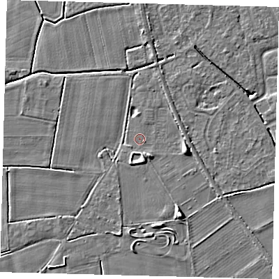 Shaded relief map of the ground around PE115AF, computed from Environment Agency LiDAR. The ground here sits at about 3 m above sea level and falls 6 m across the surrounding 800 m. Surface water reaching this point runs off ground lying to the south-south-east, 4.7 m higher.