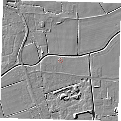 Shaded relief map of the ground around PE115AH, computed from Environment Agency LiDAR. The ground here sits at about 3 m above sea level and falls 6 m across the surrounding 800 m. The ground contributing surface water to this point lies to the west-south-west.