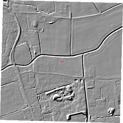 Shaded relief map of the ground around PE115AJ, computed from Environment Agency LiDAR. The ground here sits at about 3 m above sea level and falls 6 m across the surrounding 800 m. The ground contributing surface water to this point lies to the west-south-west.