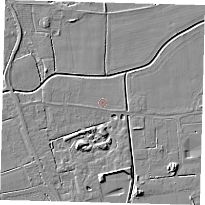 Shaded relief map of the ground around PE115AP, computed from Environment Agency LiDAR. The ground here sits at about 3 m above sea level and falls 7 m across the surrounding 800 m. Surface water reaching this point runs off ground lying to the east-south-east, 0.7 m higher.