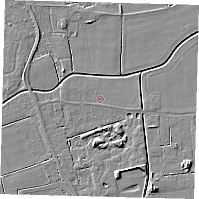 Shaded relief map of the ground around PE115AQ, computed from Environment Agency LiDAR. The ground here sits at about 3 m above sea level and falls 7 m across the surrounding 800 m. Surface water reaching this point runs off ground lying to the south, 5.9 m higher.