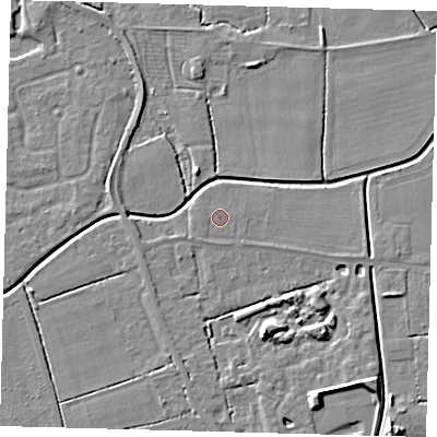 Shaded relief map of the ground around PE115AR, computed from Environment Agency LiDAR. The ground here sits at about 3 m above sea level and falls 7 m across the surrounding 800 m. The ground contributing surface water to this point lies to the north.