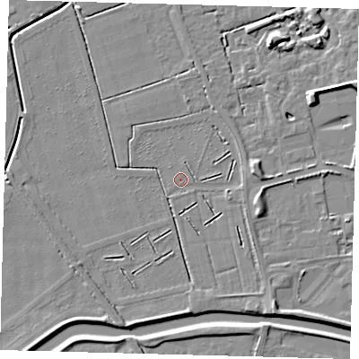 Shaded relief map of the ground around PE115AU, computed from Environment Agency LiDAR. The ground here sits at about 3 m above sea level and falls 6 m across the surrounding 800 m. Surface water reaching this point runs off ground lying to the south-east, 2.5 m higher.